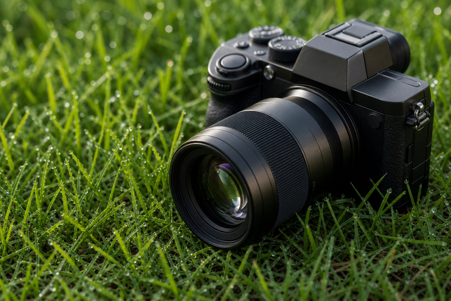 Mirrorless camera and prime lens resting on grass