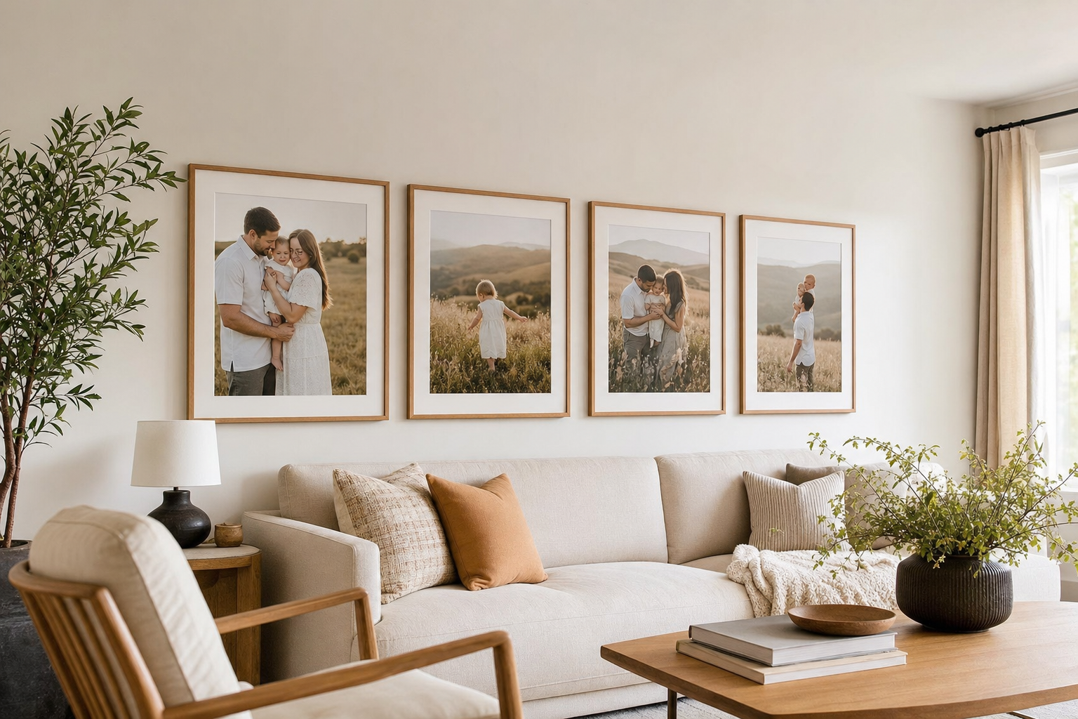 Framed lifestyle family photography prints on a wall