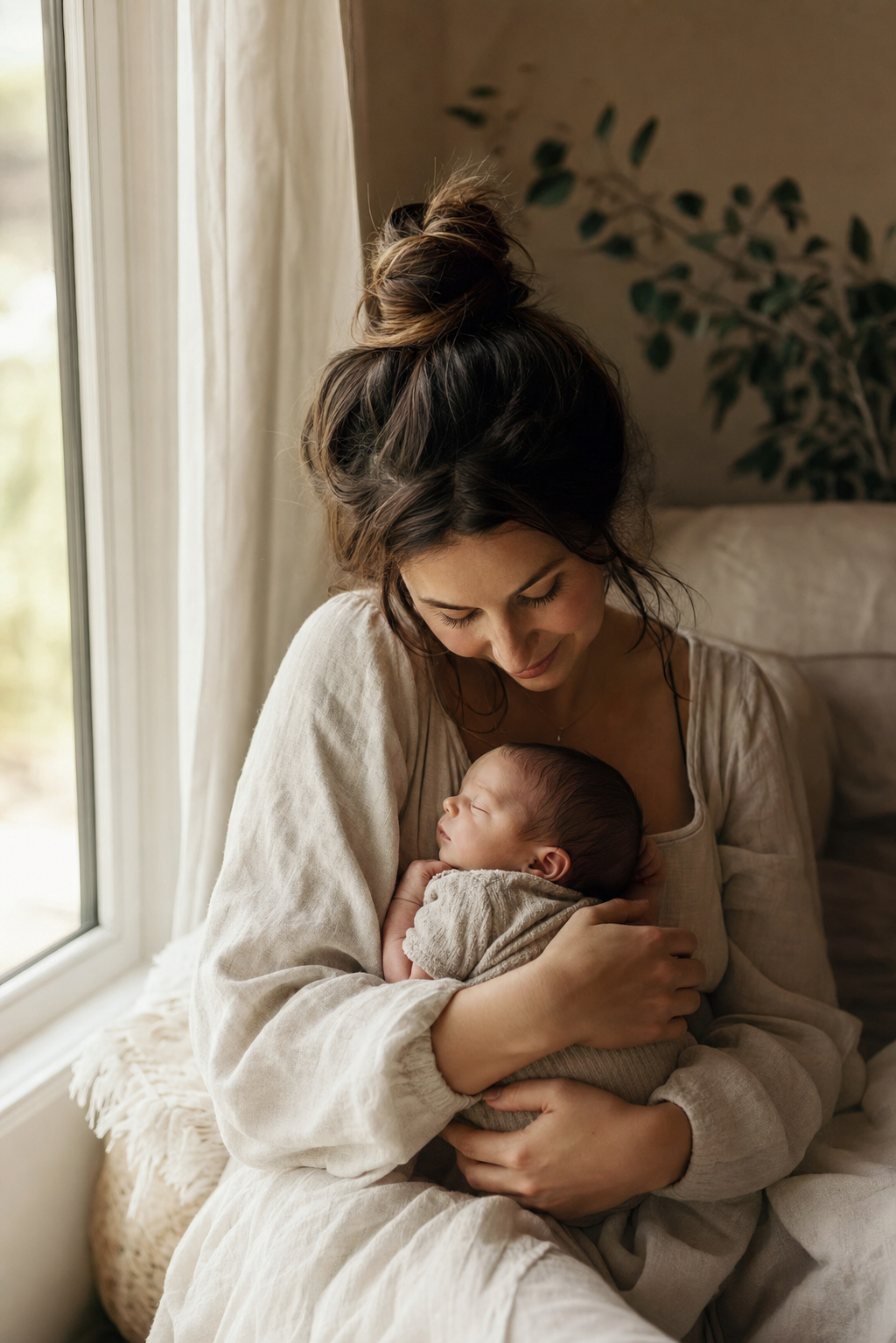 Newborn and family portrait session indoors near a window