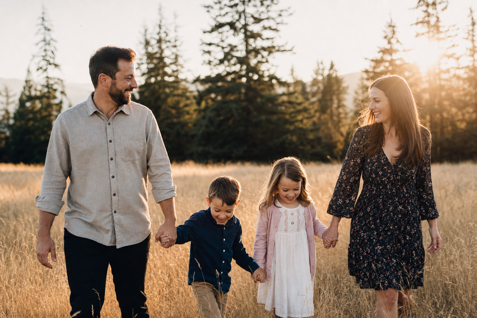 Family in golden meadow light, Portland family photography